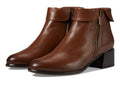 Women's leather ankle bootie with block heel, side zipper, and fold-over cuff detail