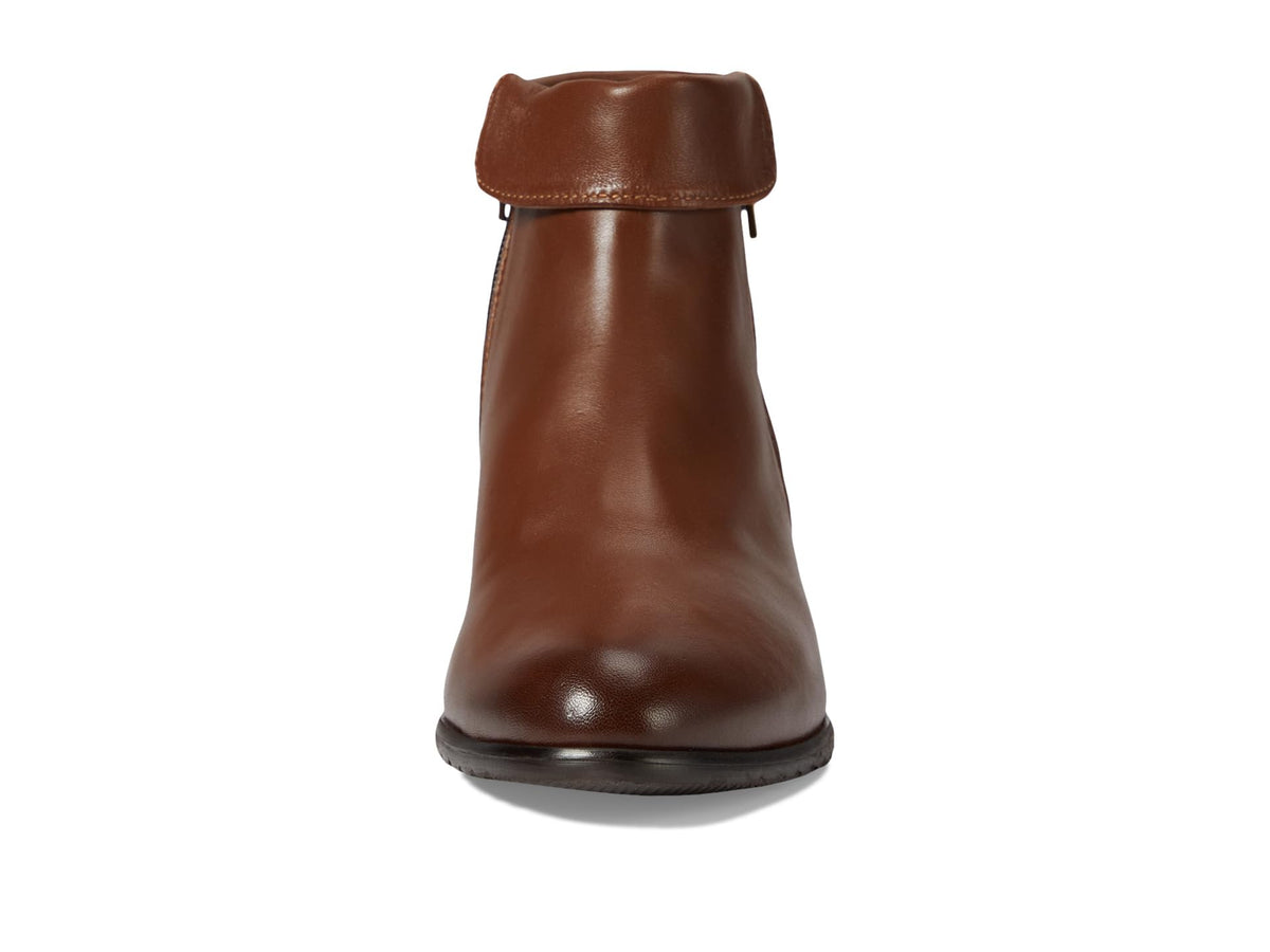 Front view of a women's leather ankle boot with folded cuff and side zipper