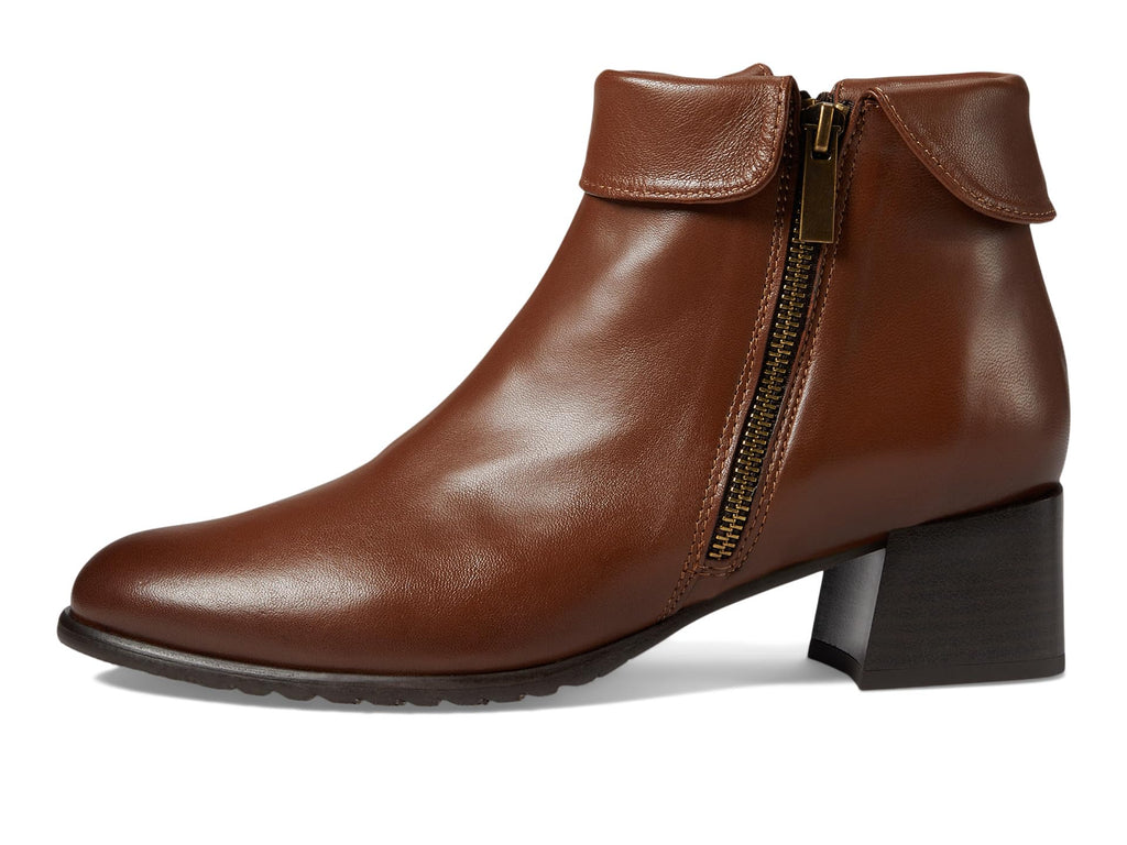 Women's leather ankle boot with side zipper, fold-over collar detail, and block heel