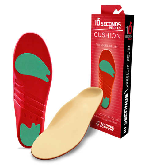 Ten Seconds red and green cushion insoles with pressure relief packaging