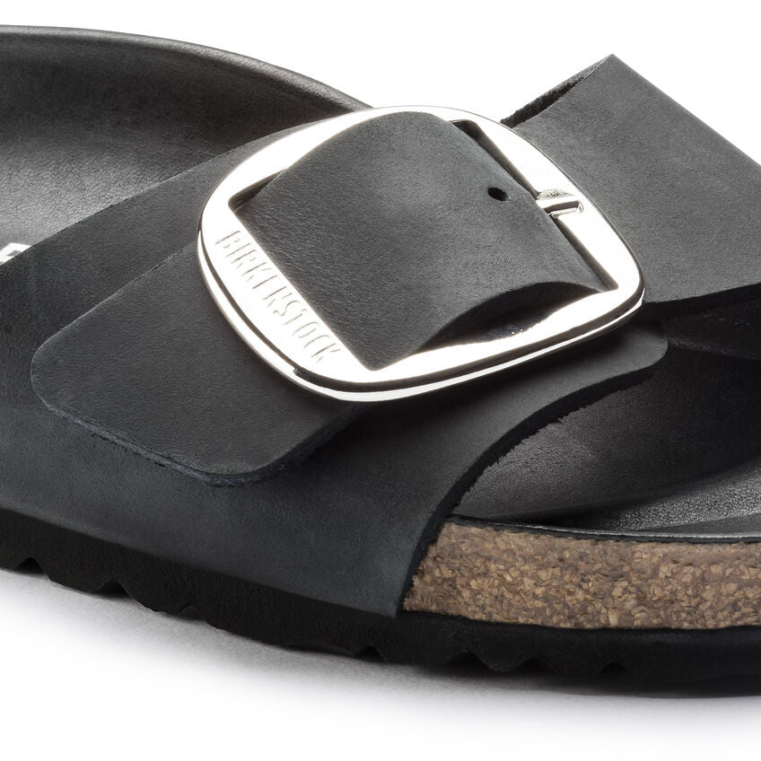 Birkenstock Madrid Big Buckle sandal in black oiled leather with silver buckle