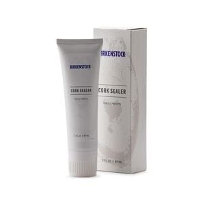 Birkenstock Cork Sealer tube and box, white with purple text, 2 fl oz