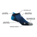 Navy and blue Darn Tough men's no show tab running sock with feature callouts
