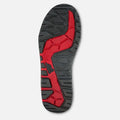 Black and red rubber outsole with aggressive tread pattern and lug design