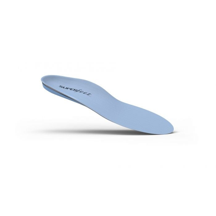Superfeet blue shoe insole with arch support, angled side view on white background
