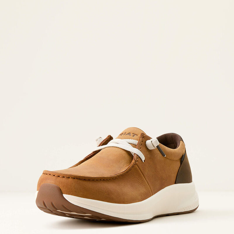 Ariat men's tan leather moc-toe casual shoe with white laces and white sole