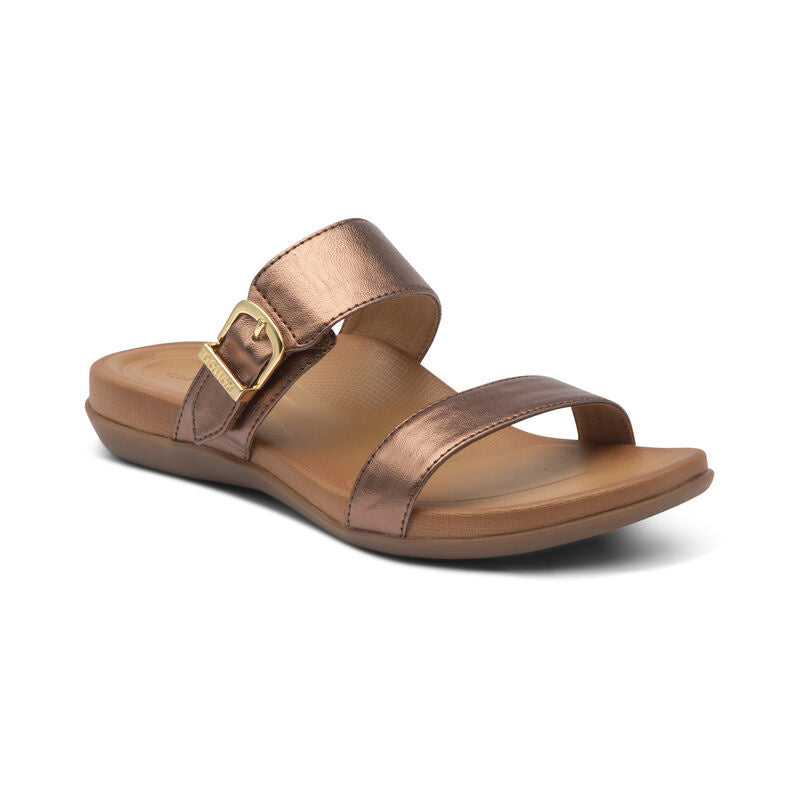 Born Womens Mimi metallic double-strap slide sandal with gold buckle detail