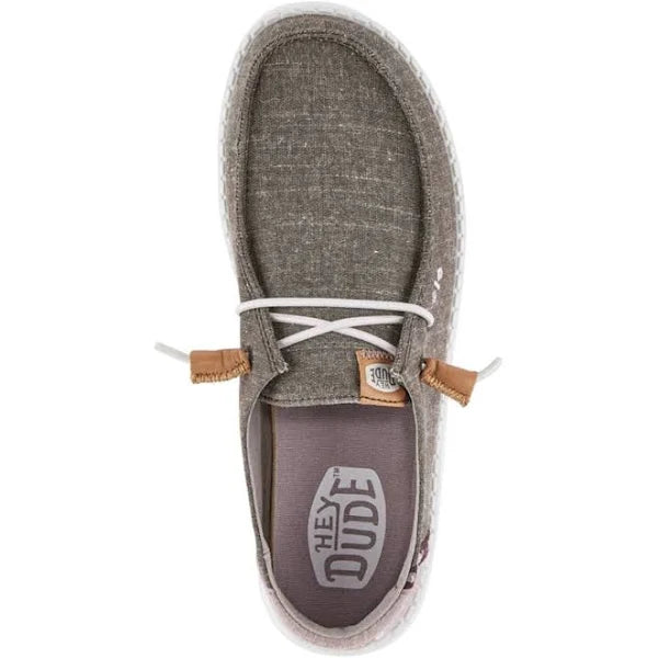 Hey Dude Wendy Wendy grey chambray slip-on shoe with white laces, top view