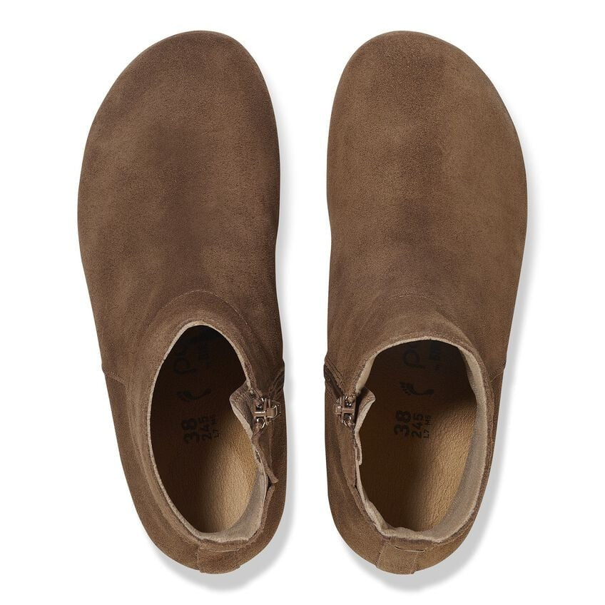 Birkenstock Papillio Ebba dark taupe suede ankle boots with side zipper, top view