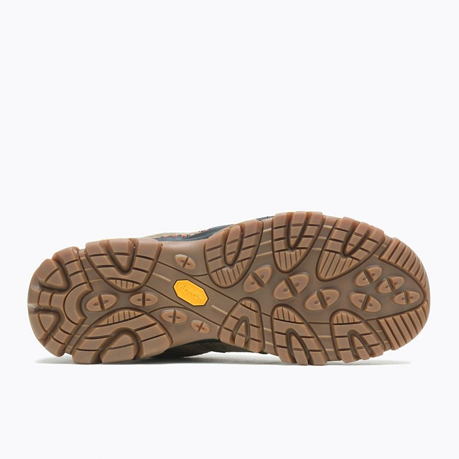 Bottom view of Merrell Moab 3 WP Low hiking shoe showcasing rugged Vibram outsole tread pattern
