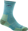 Darn Tough women's aqua micro crew hiking sock with green heel and toe cushioning