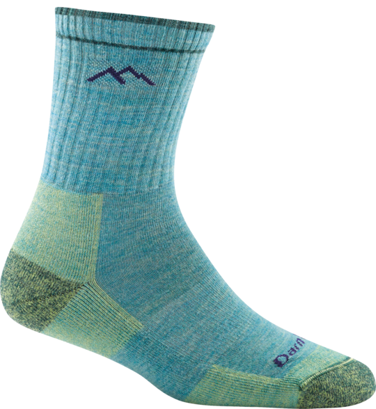 Darn Tough women's aqua micro crew hiking sock with green heel and toe cushioning