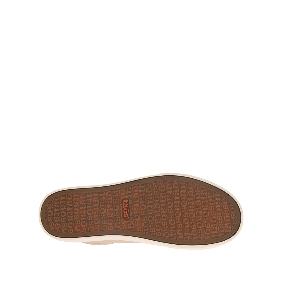 Taos Plim Soul Lux shoe bottom view showing brown rubber outsole with repeat logo pattern
