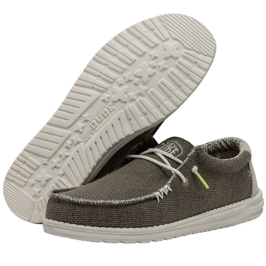 Hey Dude Wally Braided mens slip-on shoes in olive canvas with white rubber sole