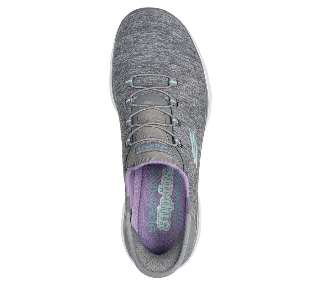 Skechers Slip-ins gray heathered sneaker top view with teal accents and purple insole