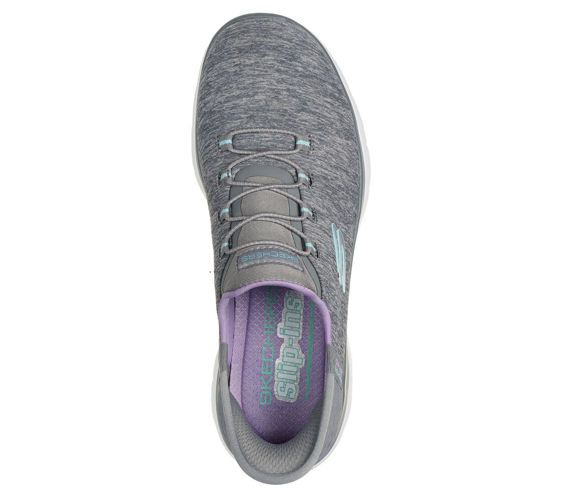 Skechers Slip-ins gray heathered sneaker top view with teal accents and purple insole