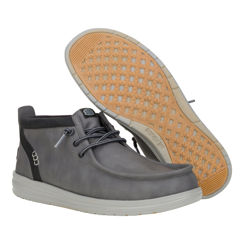 Hey Dude Wally Mid GripR grey black mid-top boot with tan grip outsole shown