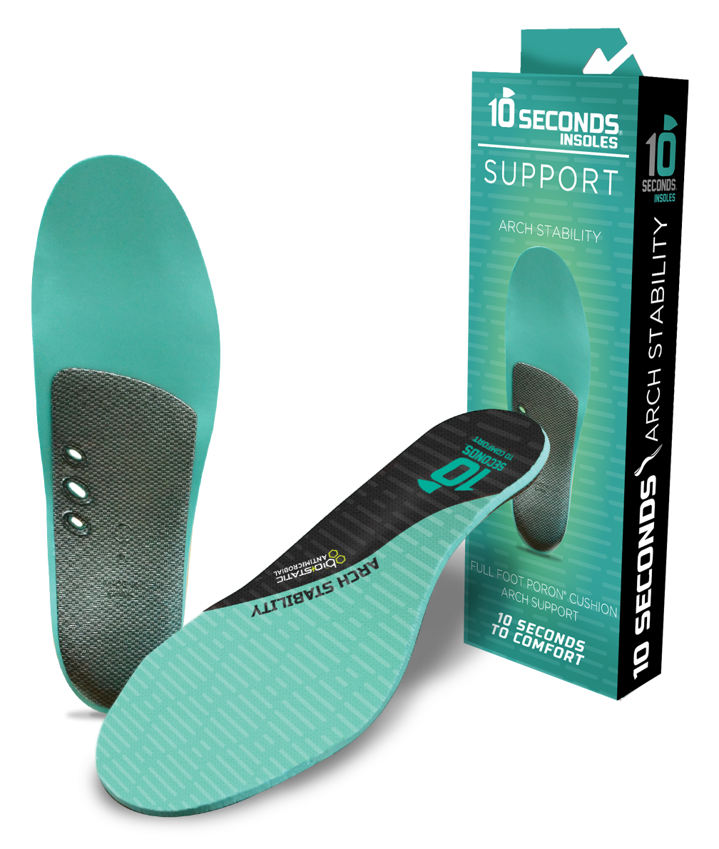10 Seconds Arch Stability insoles in teal and black with Poron cushion and box packaging