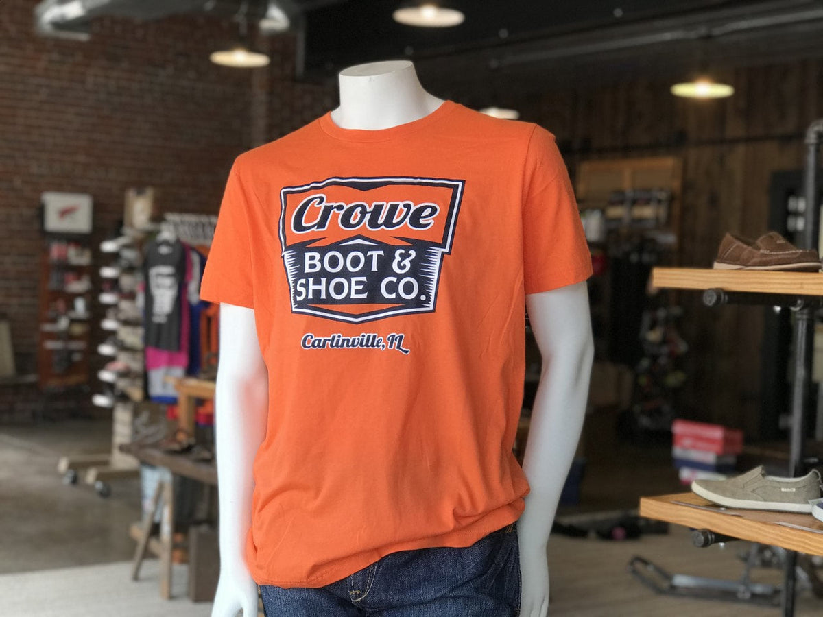 Orange heather t-shirt with Crowe Boot & Shoe Co. Carlinville IL graphic print