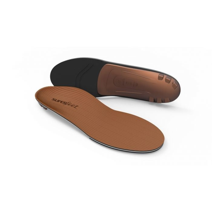 Superfeet Copper insoles shown top and bottom views, brown fabric upper, structured arch support