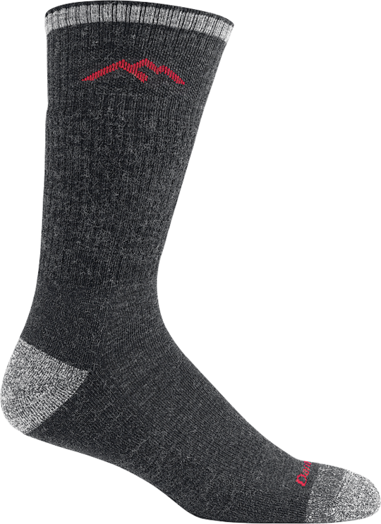 Darn Tough men's charcoal black merino wool hiking boot sock with gray heel and toe