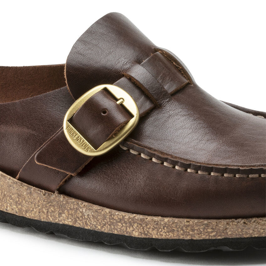 Birkenstock Buckley oiled cognac leather clog with gold buckle and cork sole