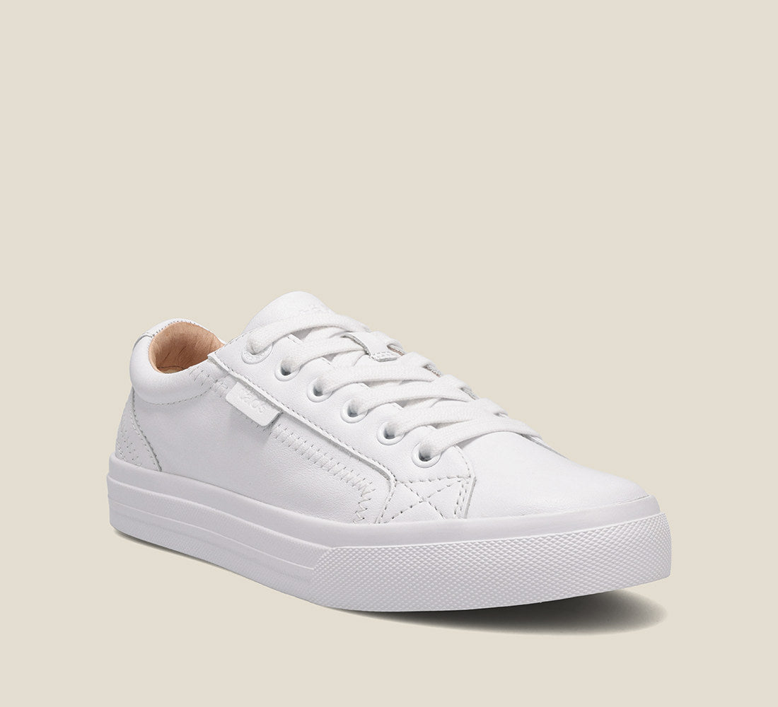 Taos Plim Soul Lux women's white leather low-top lace-up sneaker with white sole