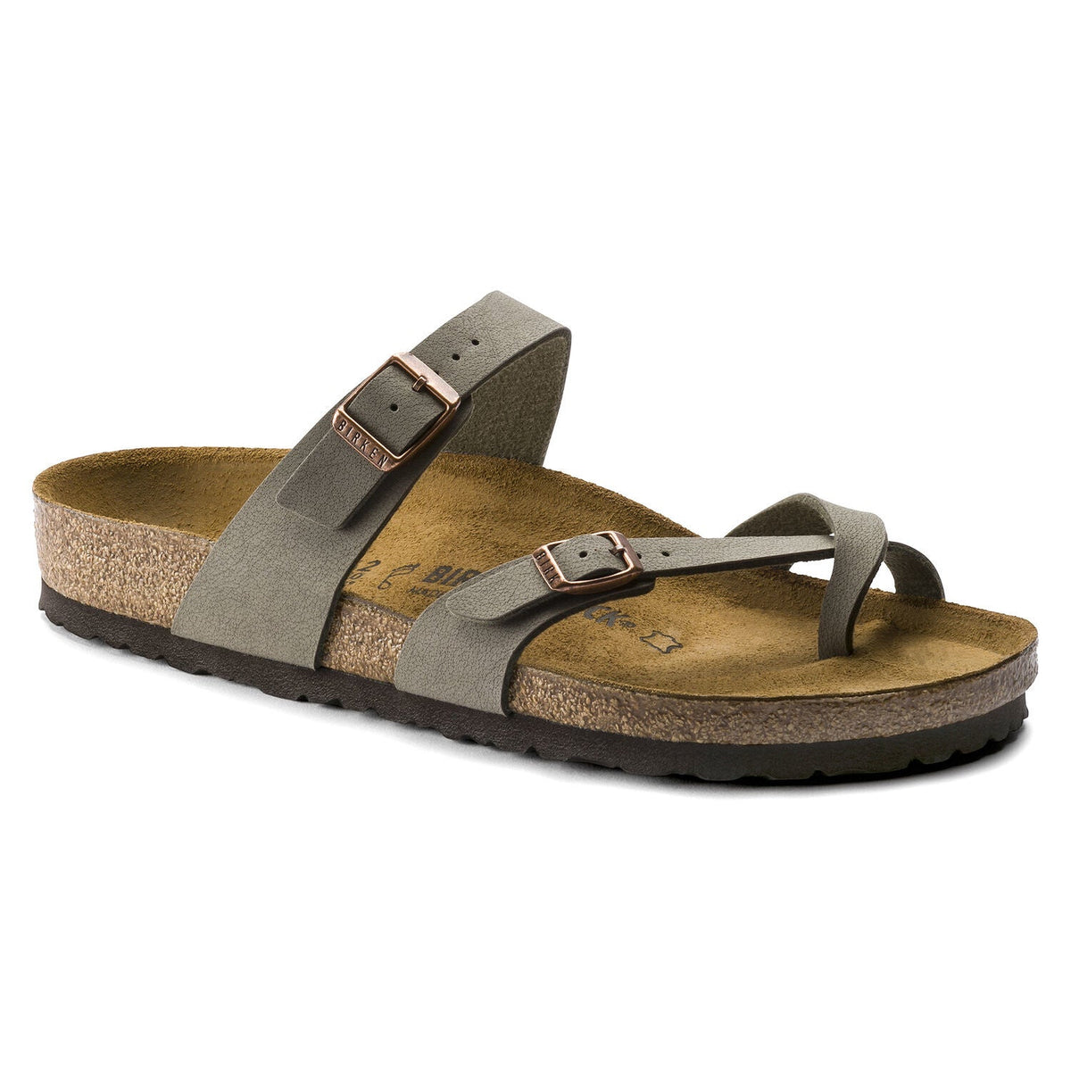 Birkenstock Mayari mocha toe-loop sandal with two buckle straps and cork footbed