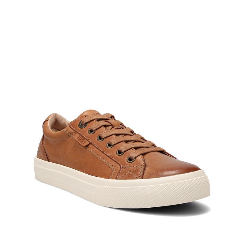 Taos Plim Soul Lux women's caramel brown leather lace-up sneaker with white sole