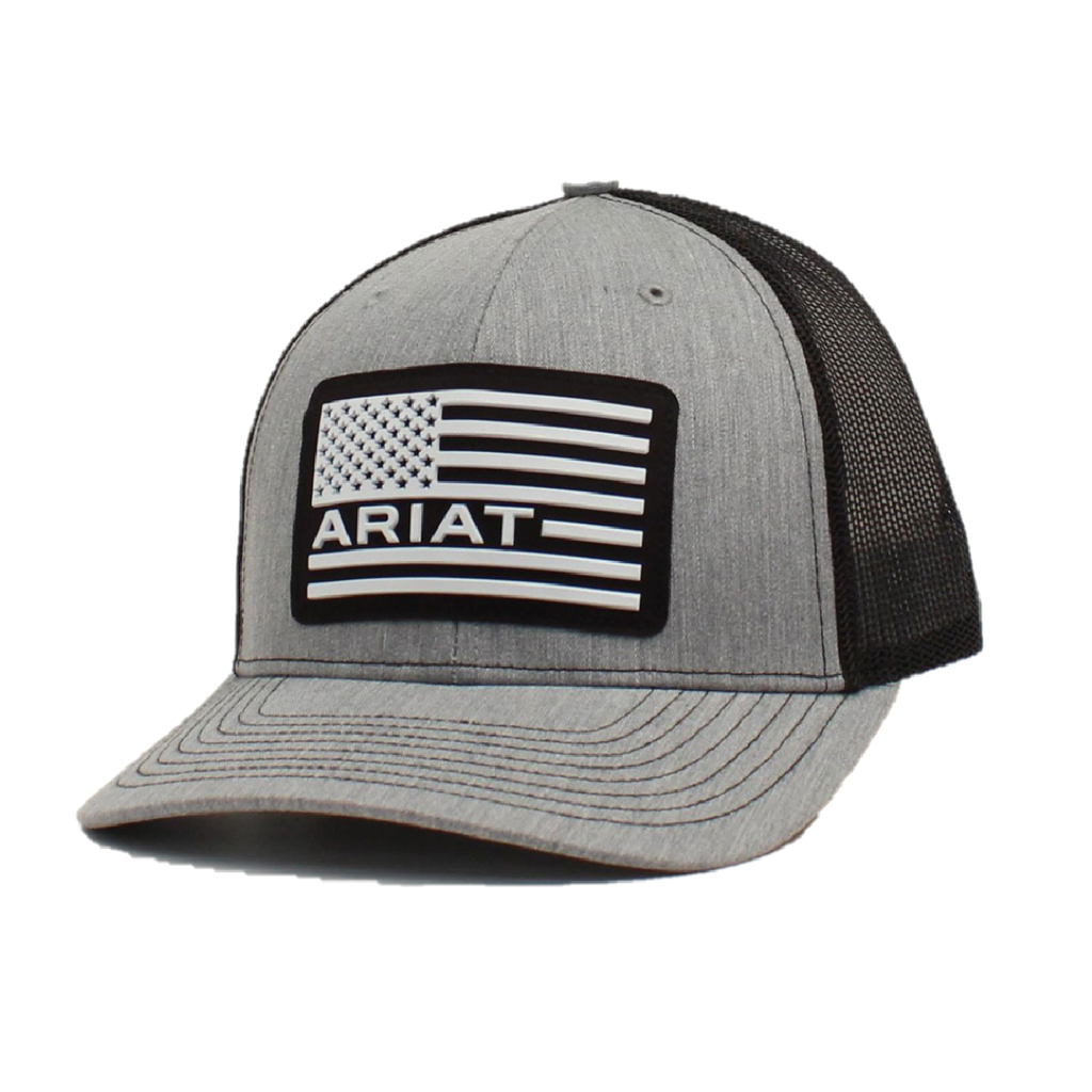 Ariat gray and black mesh snapback trucker cap with American flag patch