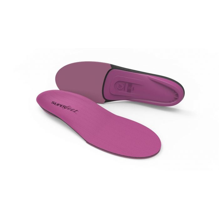 Superfeet Berry pink shoe insoles shown from top and bottom views