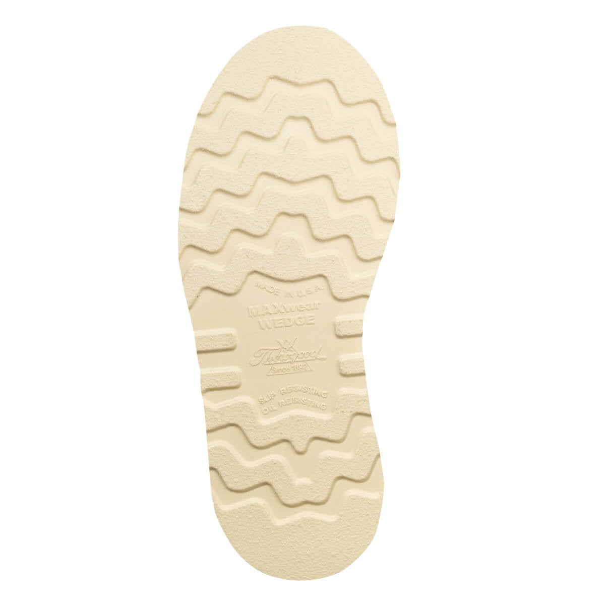 Bottom view of Thorogood mens steel toe work boot showing Maxwear Wedge outsole tread pattern