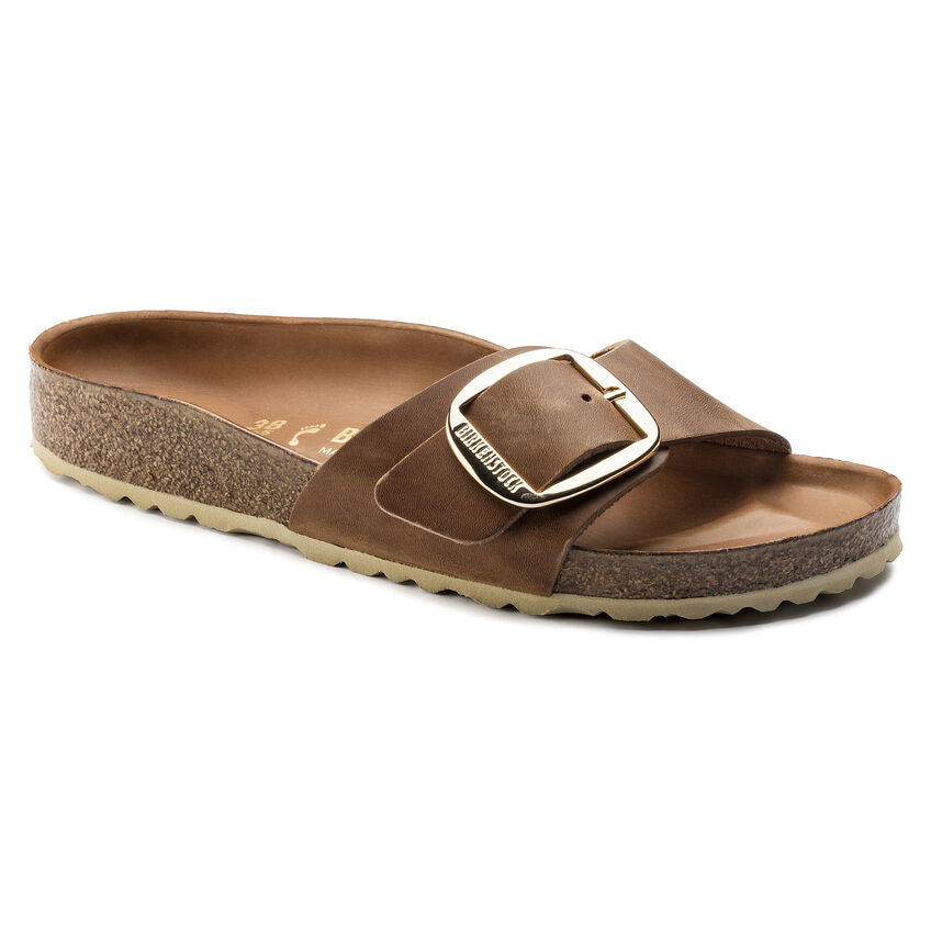 Birkenstock Madrid Big Buckle single-strap sandal in cognac oiled leather with gold buckle