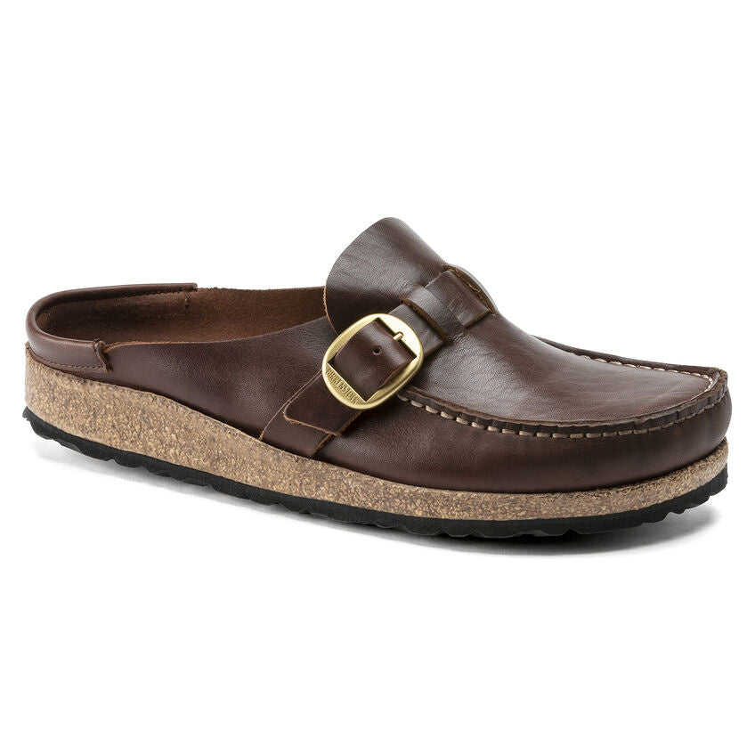 Birkenstock Buckley oiled cognac leather clog with gold buckle and cork sole