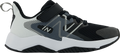 Kids New Balance Rave Run v2 black and white sneaker with bungee lace and strap