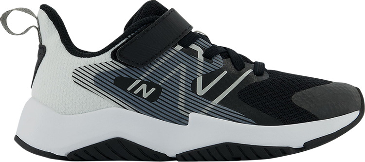 Kids New Balance Rave Run v2 black and white sneaker with bungee lace and strap