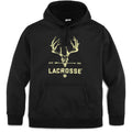 Black LaCrosse pullover hoodie with yellow whitetail deer skull graphic and antlers