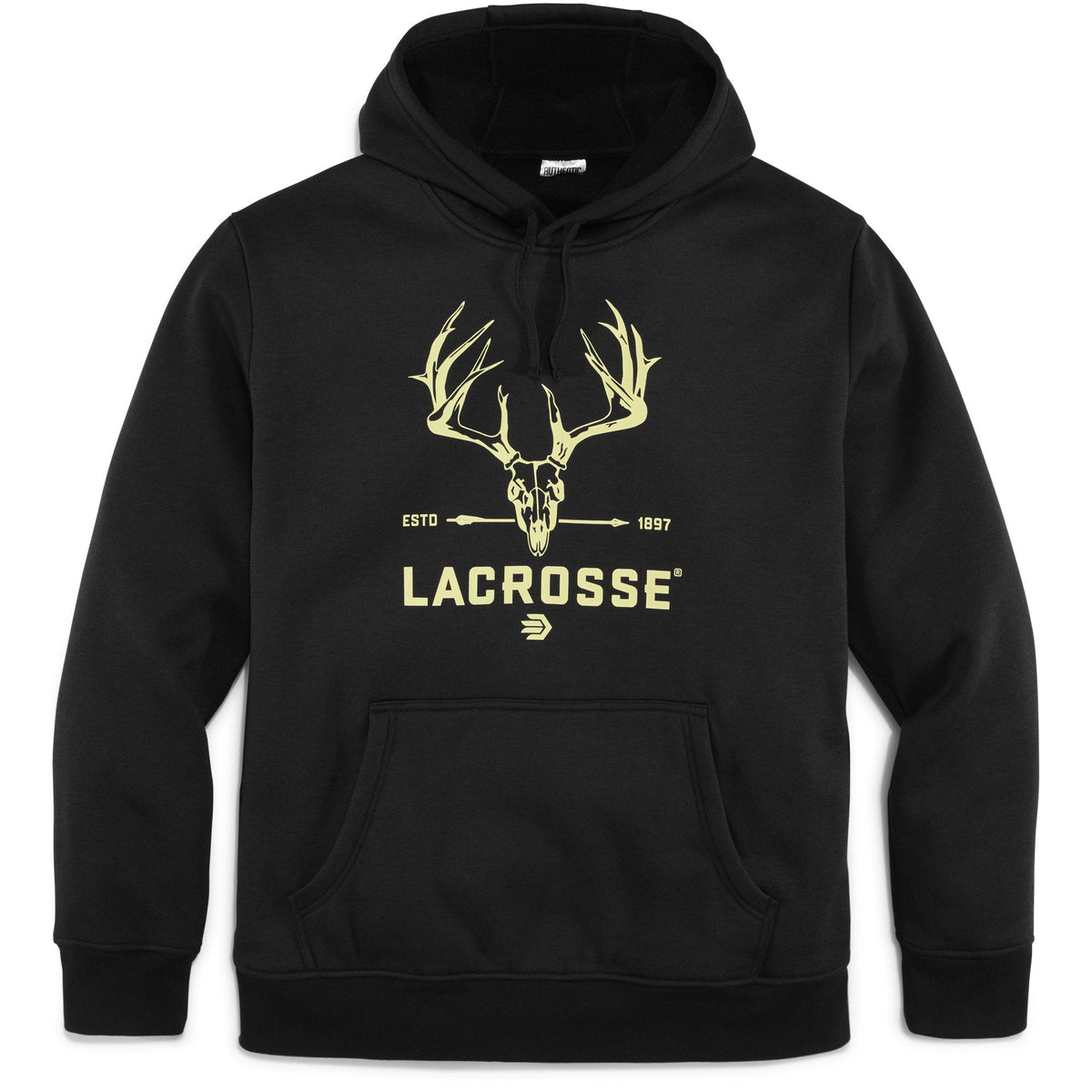 Black LaCrosse pullover hoodie with yellow whitetail deer skull graphic and antlers