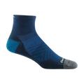 Darn Tough mens navy blue quarter running sock with gray toe and teal heel accent