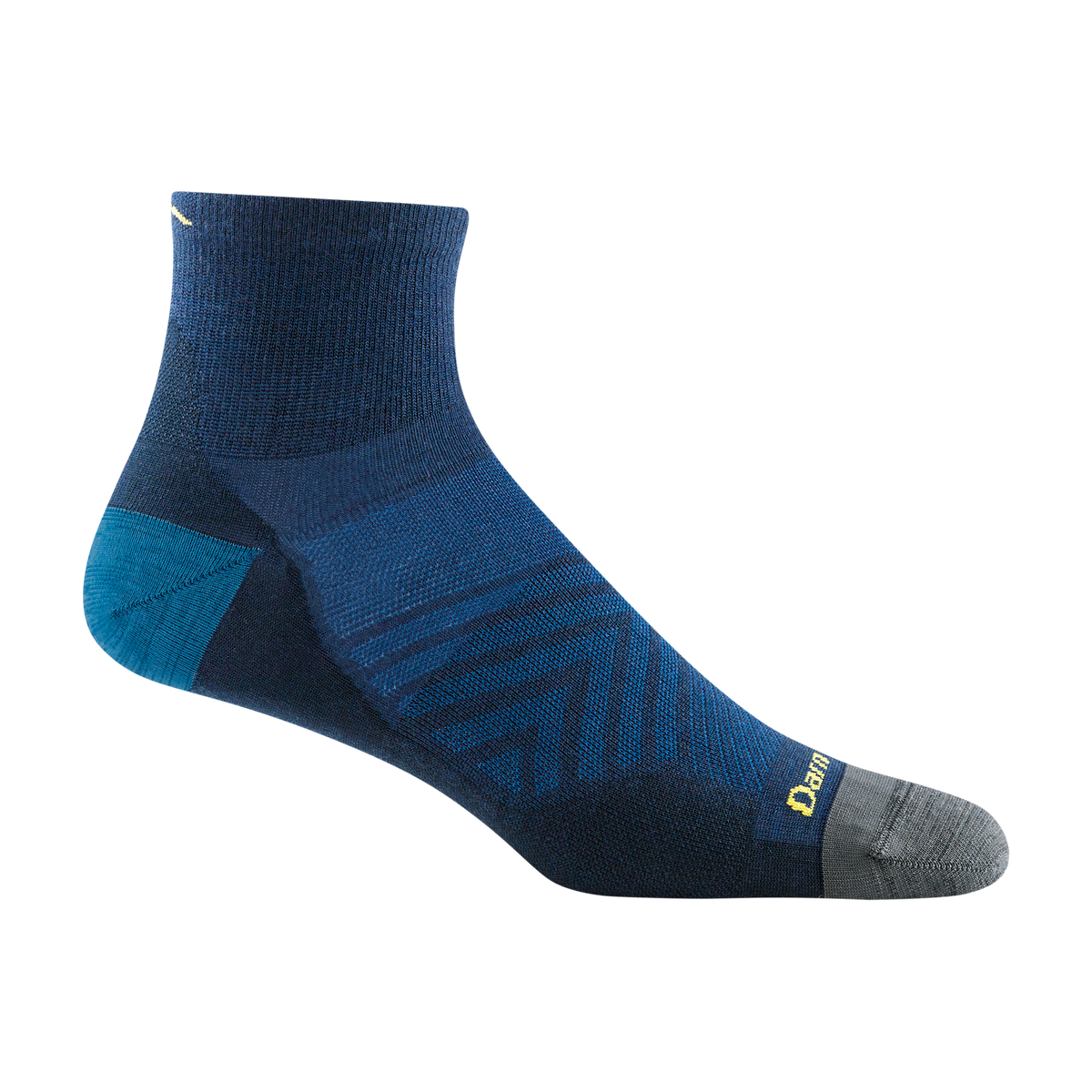 Darn Tough mens navy blue quarter running sock with gray toe and teal heel accent