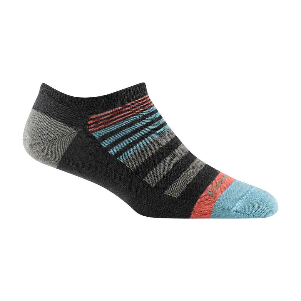 Darn Tough charcoal no-show sock with teal, coral stripes and light blue toe