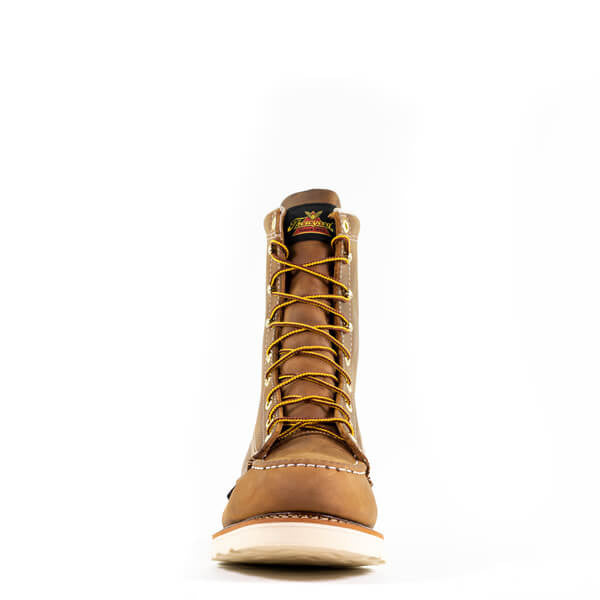Thorogood men's 8-inch moc toe lace-up wedge work boot with safety toe, front view