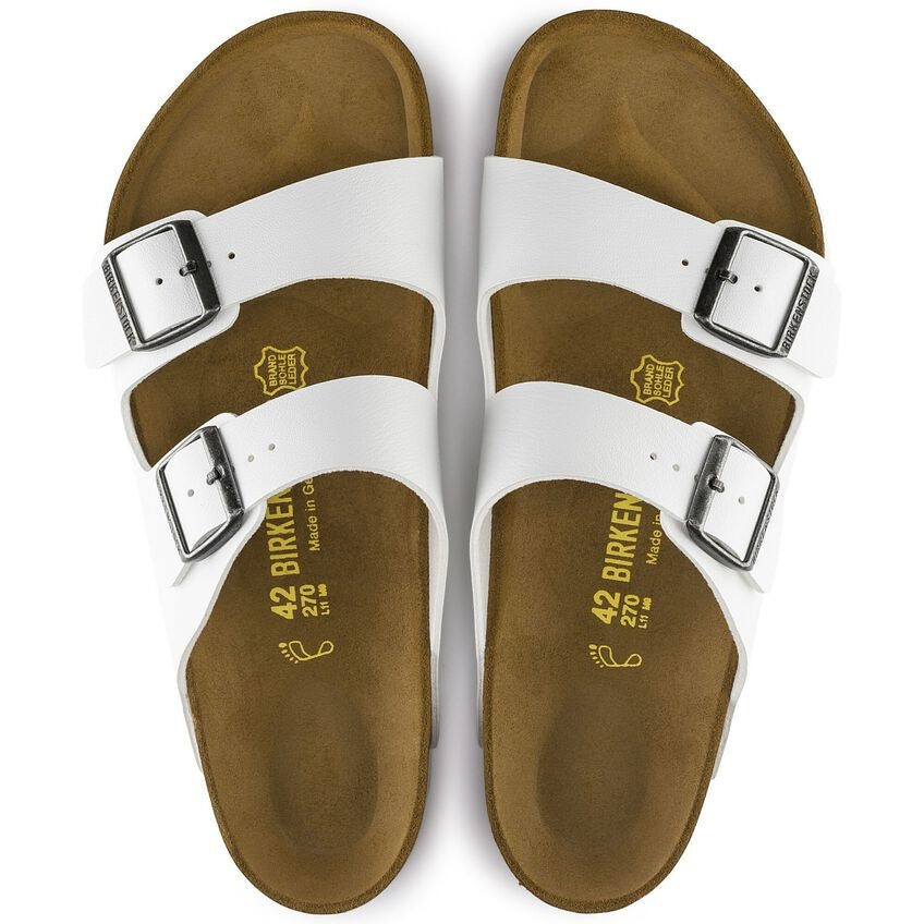 Birkenstock Arizona white leather sandals with two straps and silver buckles, size 42