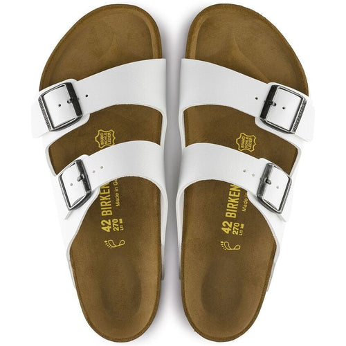 Birkenstock Arizona white leather sandals with two straps and silver buckles, size 42