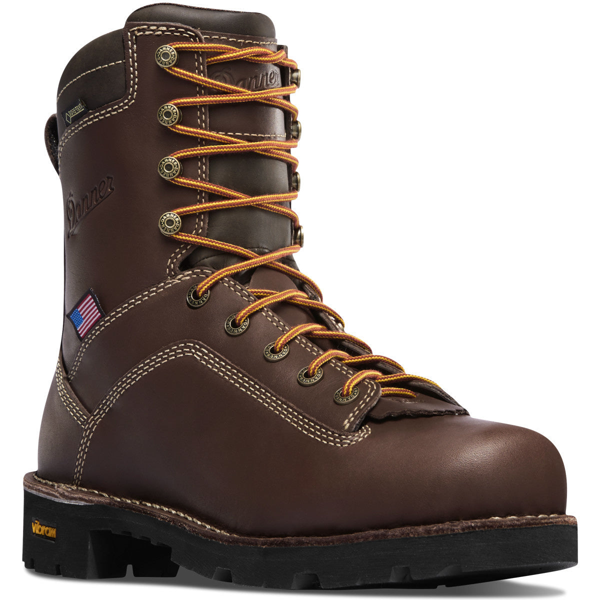 Danner Quarry USA men's 8-inch brown full-grain leather work boot with orange laces