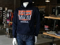 Navy pullover hoodie with orange and white Crowe Boot & Shoe Co. graphic print