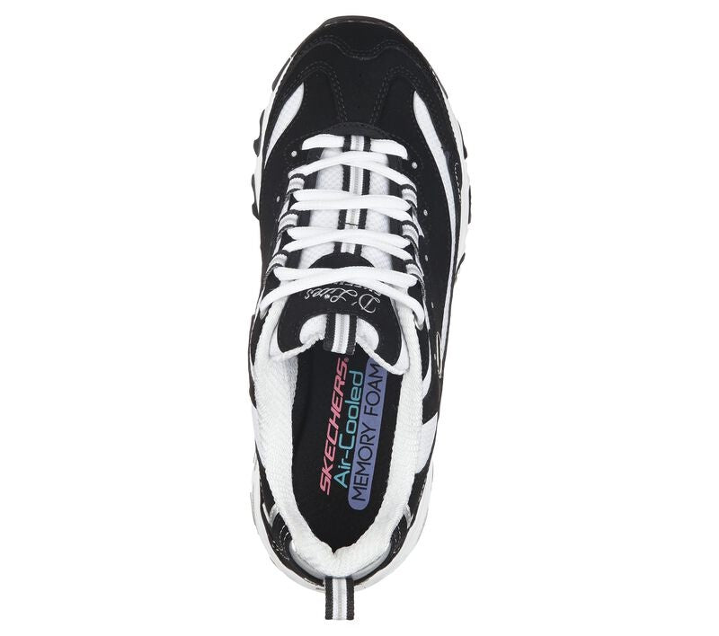Skechers D'Lites women's black and white lace-up sneaker with memory foam insole top view