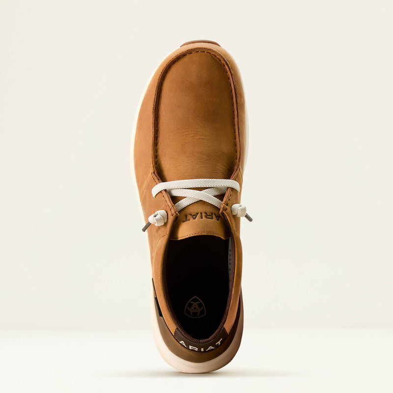 Ariat men's tan leather moccasin shoe with white laces, top-down view