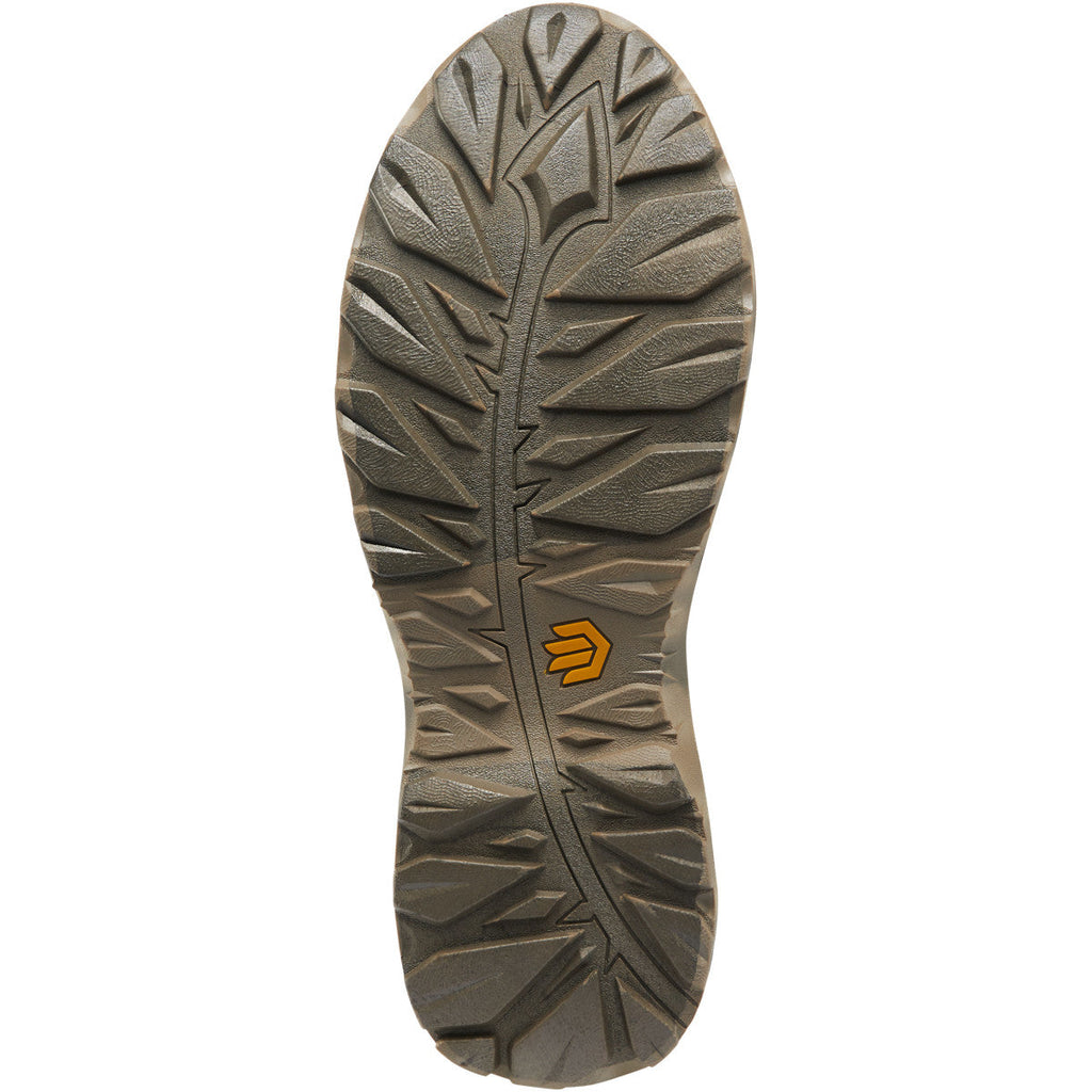 Bottom sole view of LaCrosse brown olive hunting boot with aggressive tread pattern