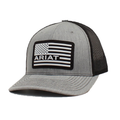 Ariat grey snapback trucker cap with black mesh and USA flag rubber patch